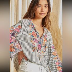 Savanna Jane Boho Top Striped Floral Embroidered Long Sleeved Blouse Sz 1X EUC
